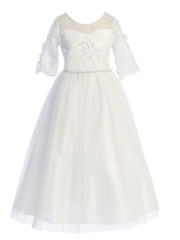 Kids Dream Big Girls White Flower Pearl Lace Illusion Communion Dress 6-14 - SophiasStyle.com